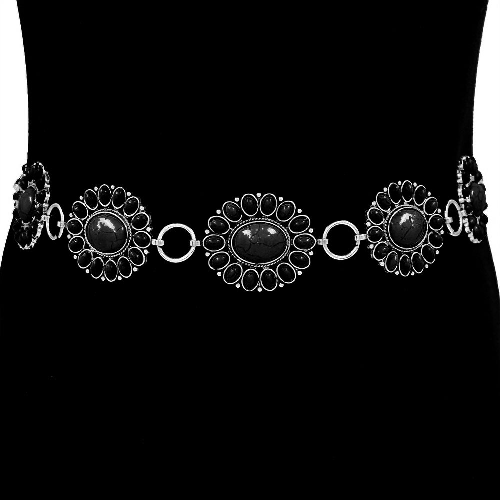 Black Boho Vintage Western Stone Concho Chain Statement Belt